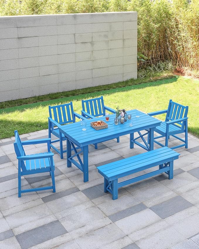 HDPE Outdoor Bench, 55" Patio Bench Outdoor Furniture, Poly Lumber Adirondack Benches, All Weather HDPE Patio Garden Backless Benches for Park, Poolside, Deck, Porch, Sky Blue-Ruum Studio Home