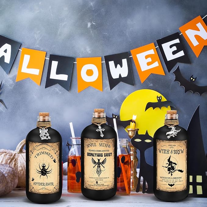 Uiifan 31 Pcs Halloween Potion Bottles Set Including Glass Apothecary Bottles with Cork Stickers and Pendants Halloween Decorations Indoor Party Supplies (Black,8.5 oz)-Ruum Studio Home