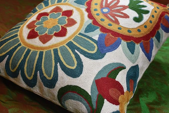 Daisy Floral Pillow Cover Teal Flower Pillowcase Flowery Outdoor Cushion Suzani Accent Pillowsham Flower Floral Chair Cushion Hand Embroidered Cushions Wool Size 18x18-Ruum Studio Home