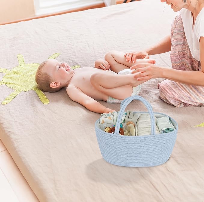 Diaper Caddy Organizer Cotton Rope Baby Basket Nursery Storage and Portable Tote Bag for Car Ideal Baby Shower Gifts and Registry Must-Have for Newborn Essentials Large blue-Ruum Studio Home