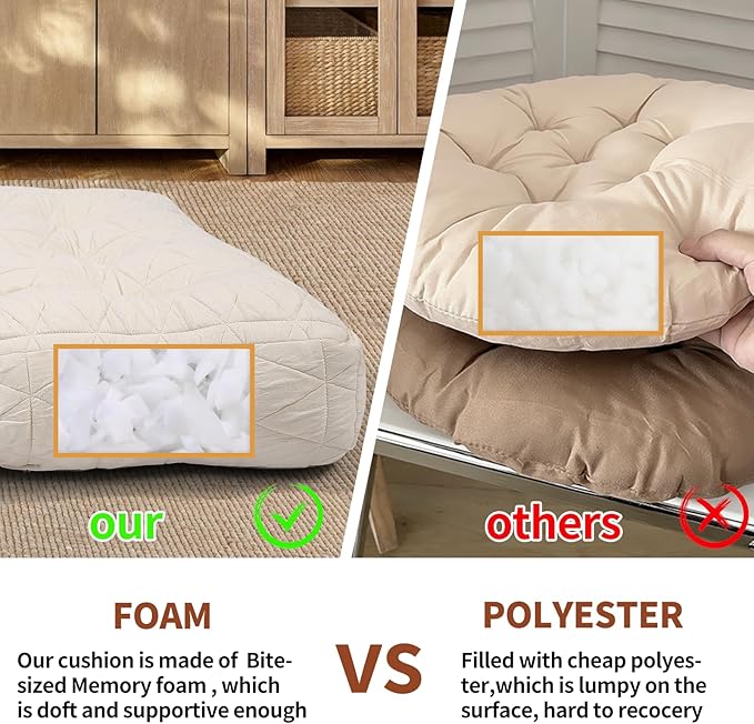Large Chair Cushions with Handle, 20"x 20" Bite-Size Memory Foam Seat Cushions for Wicker Chair, Patio Non-Slip Rattan Chair Pads, Square Floor Cushion, Beige-Ruum Studio Home