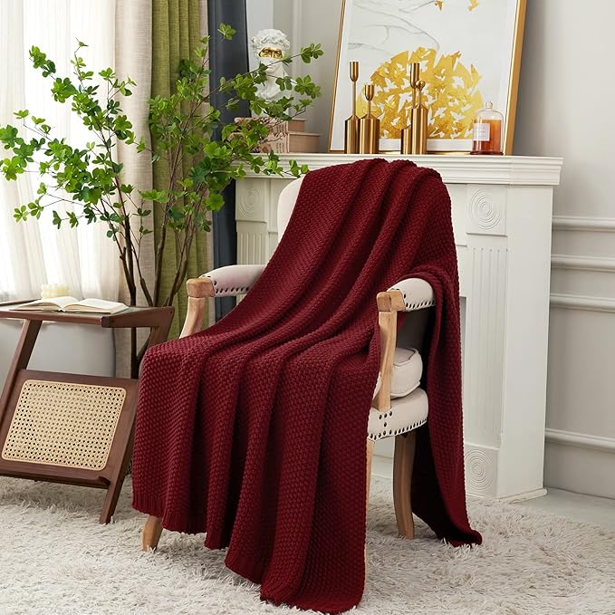 Chunky Cable Knit Throw Blanket Lightweight Wine red 100% Organic Cotton Blanket for Sofa Couch Bed Baby Nursery, Rustic Shabby Chic Modern Farmhouse, 60” x 80” Give Laundering Bag-Ruum Studio Home