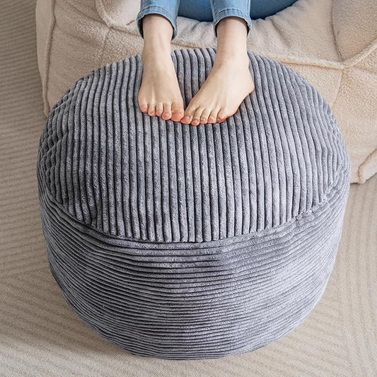 HIGOGOGO Round Stuffed Pouf Ottoman, Corduroy Poufs with Foam Chunk Filling, Furry and Fluffy Pouf Foot Stool Storage Ottoman, 20 X 15 Floor Poufs Foot Rest for Living Room, Dark Grey-Ruum Studio Home