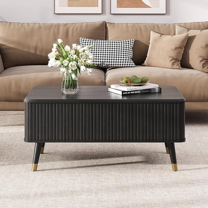 Lift Top Coffee Table with Storage Shelf & Hidden Compartment, Mid Century Modern Fluted Rectangle Dining Table for Living Room, Home Office,Black-Ruum Studio Home