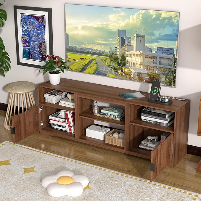 Fluted TV Stand for Tvs up to 80",Mid Century Modern TV Stand with Open Adjustable Shelf,Entertainment Center Wood TV Media Console with Cord Holes,TV Stand for Living Room Furniture Bedroom,Walnut-Ruum Studio Home