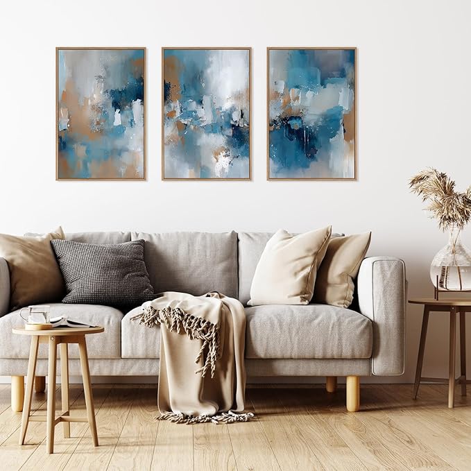 HLNIUC Large Blue Abstract Framed Canvas Wall Art,Blue and Brown Brush Strokes Wall Decor Set of 3(16”x24”)Neutral Modern Wall Painting,Watercolor Minimalist Abstract Art Print for Living Room,Bedroom-Ruum Studio Home