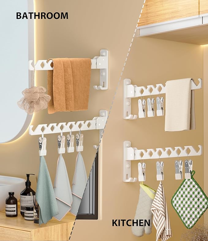Wall Mount Coat Hanger Holder White Clothes Drying Organizer Rack Garment Hooks Aluminium Retractable Folding Indoor Wall Mounted Hanger Space Saver for Laundry Room Bedroom White 2 Pack with 8 Hooks-Ruum Studio Home