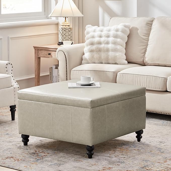 HUIMO Square Storage Ottoman, Tufted Leather Ottoman for Living Room (Khaki)-Ruum Studio Home