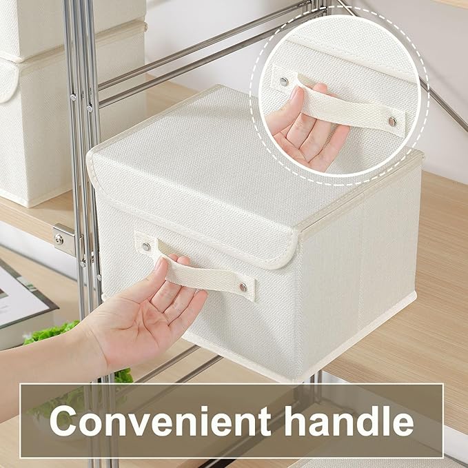 Storage Boxes, Collapsible Storage Bins with Lids, Cotton and linen cloth Storage Baskets with Handle, for Books, Closet, Bedroom, Home, 10.2x7.9x6.7 in, Beige-Ruum Studio Home