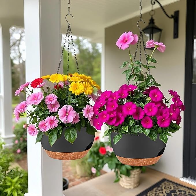 2 Pack Hanging Planters for Indoor Outdoor Plants, 12 Inch Self Watering Hanging Pot with Drainage Holes and Saucer, Plastic Plant Pots, Black Brown Flower Pots for Kitchen, Balcony, Garden-Ruum Studio Home