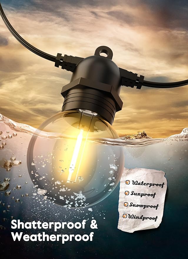 Brightown Outdoor Solar String Lights 34FT - LED G40 Pro Globe Patio Energy Saving with 11 Shatterproof Bulbs, 3 Light Modes Waterproof Hanging Lights for Christmas Outside Garden Backyard Party Decor-Ruum Studio Home