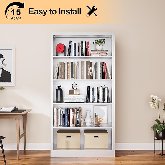 66" Tall Metal Bookcase, 5 Shelf White Bookcase with Adjustable Shelves, Large Bookshelves and Bookcases, Modern Book Shelf Storage Organizer for Living Room, Home Office, Library-Ruum Studio Home