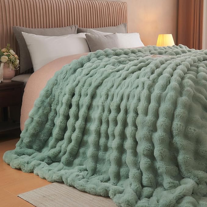 Lotus Karen Faux Fur Throw Blanket Sage Green - Big Bubble Rabbit Fluff Blanket for Couch Bed Sofa,Softest Fluffy Fuzzy Cozy Blanket,Plush Thick Furry Shaggy Warm Blankets for Women,90x90 Inches-Ruum Studio Home