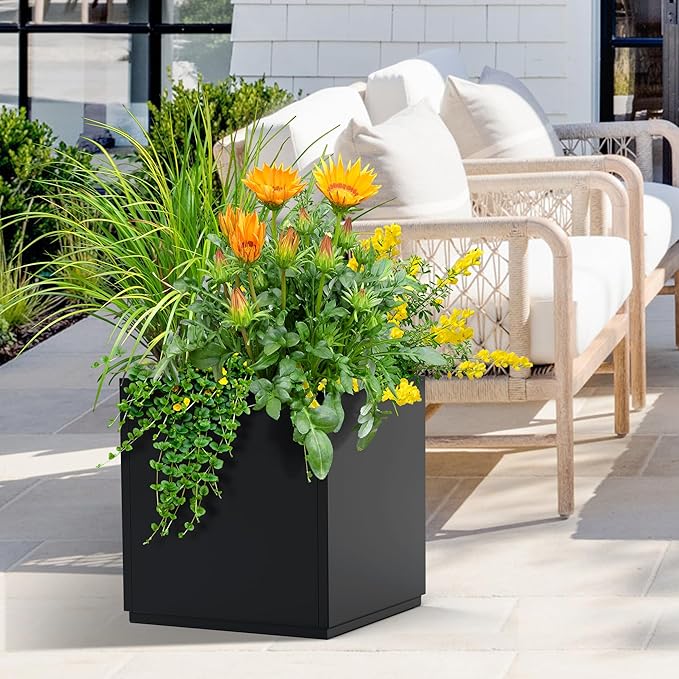 FENCY Large Square Planter 17" L x 17" W x 18" H, Planters for Outdoor Plants, Large Outdoor Planters for Porch Patio, Black Square Planter with Drainage Hole, All-Weather Use Cube Planter-Ruum Studio Home