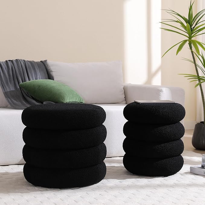 ONEVOG 16 Inch Small Ottoman Foot Rest, Sherpa Storage Ottoman for Toys, Black Vanity Stool Soft Tufted Fabric Pouf, Footstool Seat for Living Room, Dorm, Bedroom-Ruum Studio Home
