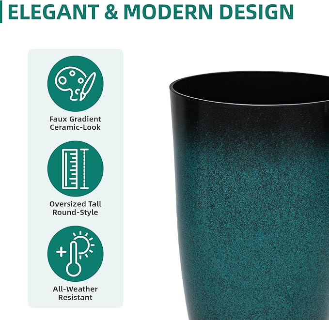 Tall Outdoor Planters, Set of 2 Large Flower Pots for Outdoor Plants, with Gradient Turquoise Finish, Weather-Resistant for Porch, Garden, Patio-Ruum Studio Home