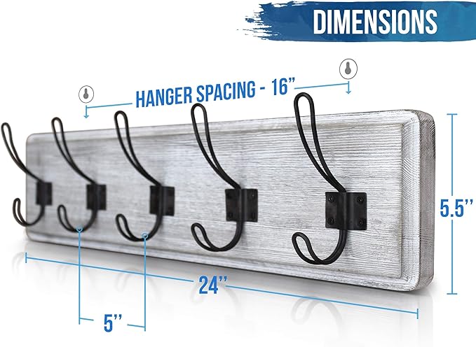 HBCY Creations Rustic Coat Rack - Wall Mounted Whitewash 24" Entryway Coat Hooks - 5 Rustic Hooks, Solid Pine Wood. Perfect Touch for Your Entryway, Kitchen, Bathroom... (Whitewash)-Ruum Studio Home
