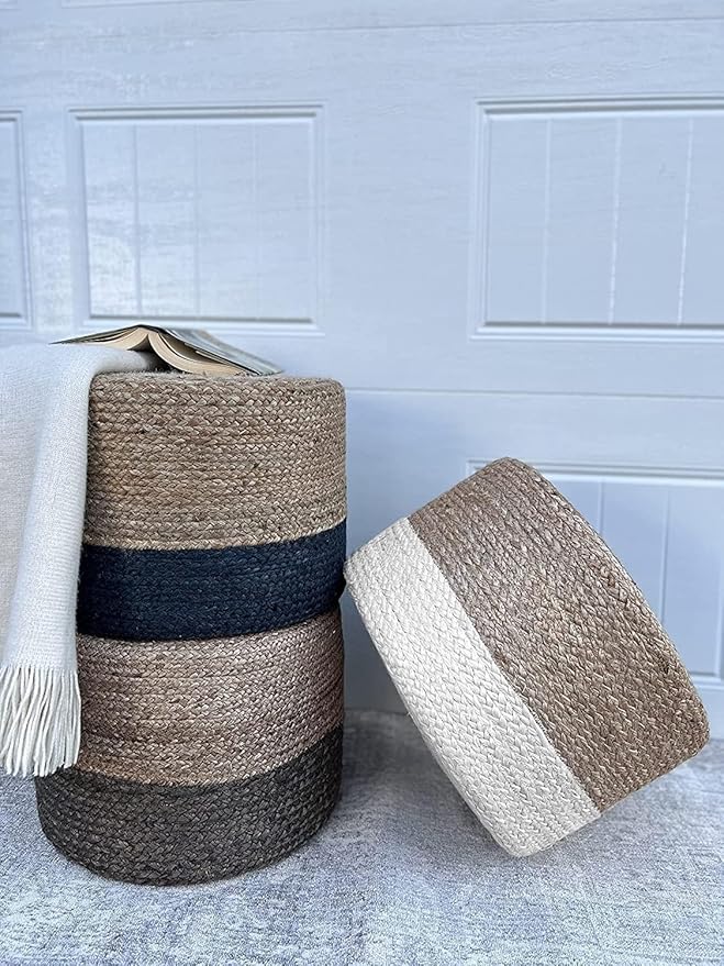 Jute Pouf Ottoman | Footrest Pouf | Hand Braided - Round Boho Pouffe - for Living Room, Bedroom, Nursery (18"x18"x12") Navy-Ruum Studio Home
