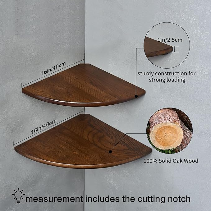 Corner Shelves, Floating Corner Shelf, Set of 2 16inch Solid Oak Wood Corner Wall Shelves, Round End with Wire Hole for Small Plant for Bedroom Kitchen, Living Room-Ruum Studio Home