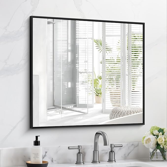 Black Bathroom Mirror for Wall, 30x30 Inch Rectangle Mirrors with Metal Frame, Modern Vanity Wall Square Mirror for Bathroom Living Room, Entryway Hangs Horizontal or Vertical-Ruum Studio Home