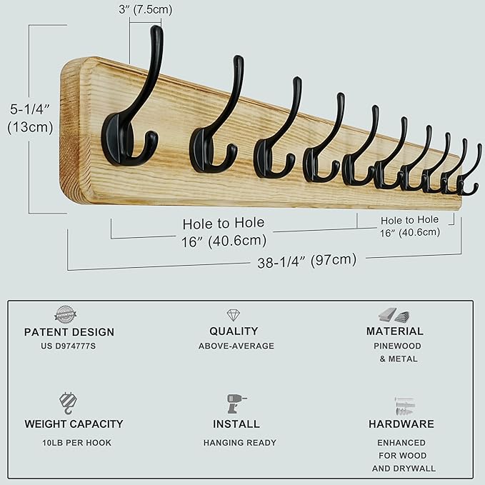Dseap Coat Rack Wall: 38-1/4" Long, Patented, Heavy-Duty, 10-Double-Hooks Wooden Wall Mounted Coat Rack Coat Hanger Hook Rail for Winter Coats Hat Jacket Clothing, Light Brown, Pack of 2-Ruum Studio Home