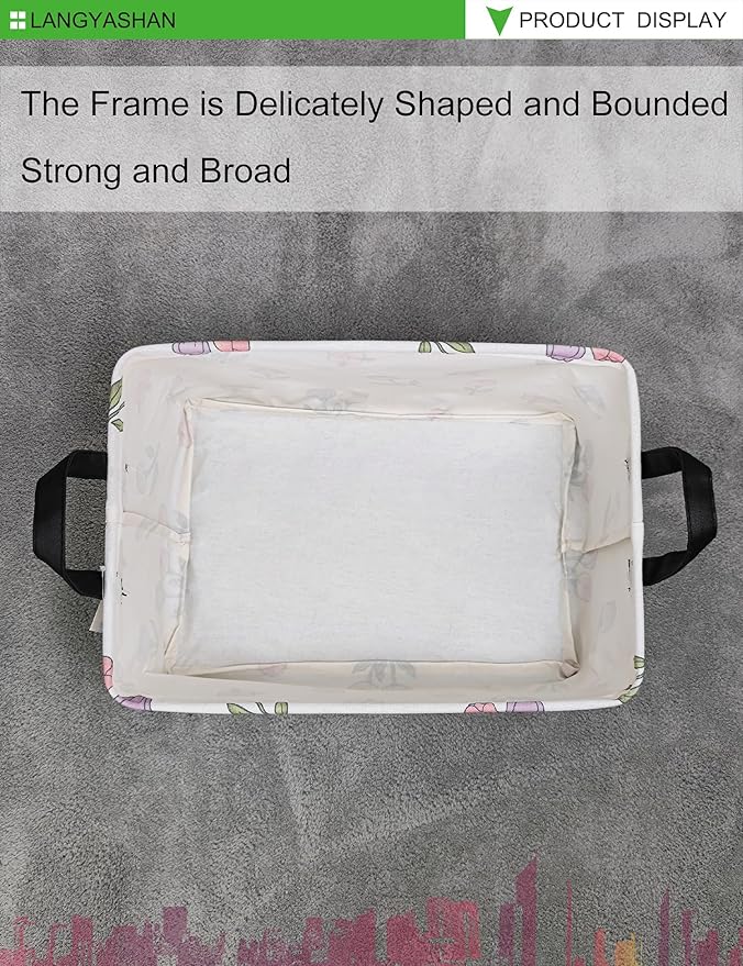 LANGYASHAN Rectangular Storage Bin Collapse Canvas Fabric Cartoon Storage Basket with Handles for Organizing Home Kitchen Boys and Girls Toys Office Closet Shelf Baskets (Rec Romantic Tulip)-Ruum Studio Home