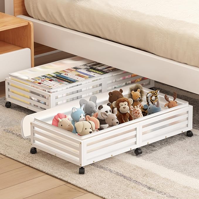 Under Bed Storage with Wheels-Large Bamboo Underbed storage Containers with Large Dust Bag Stackable Under the Bed Shoe Storage Bins for Clothes Books Bedding (2 Packs White, 33.07"L×16.54"W× 6.5"H)-Ruum Studio Home