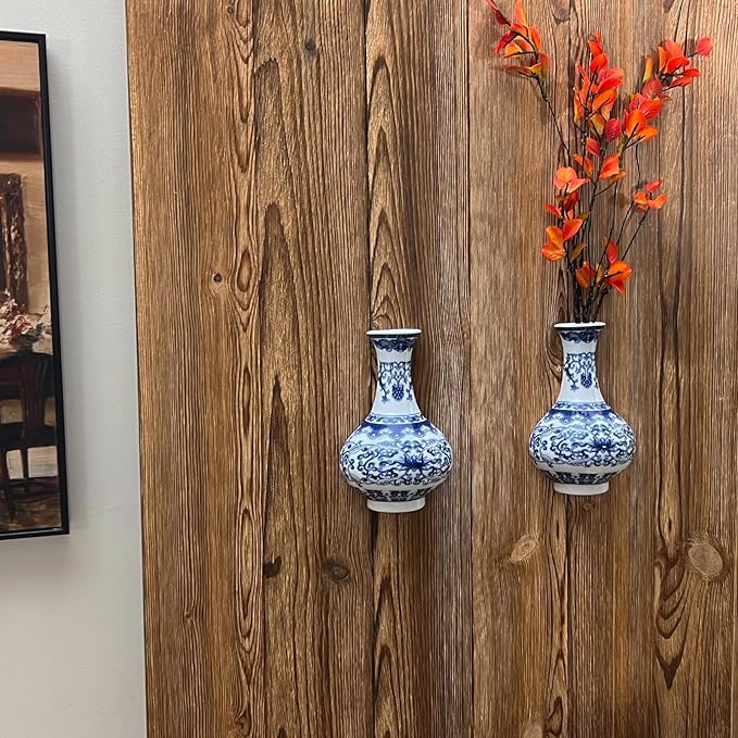 Set of Two Blue and White Porcelain Wall Vases for Flowers – Handmade Chinoiserie Ceramic Wall Mounted Flower Vase, Decorative Hanging Vases for Living Room, Bookshelf & Indoor Décor-Ruum Studio Home