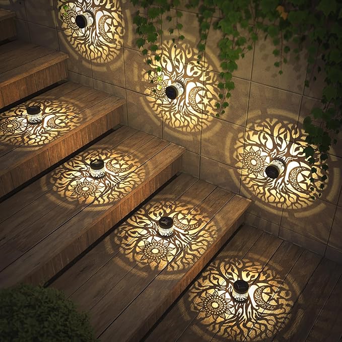 2 Pack Solar Fence Lights Metal Solar Powered Outdoor Wall Deck Step Lights Tree Theme Waterproof Fence Light for Garden Post Patio Backyard Yard Decor (Tree, 2 Pack)-Ruum Studio Home