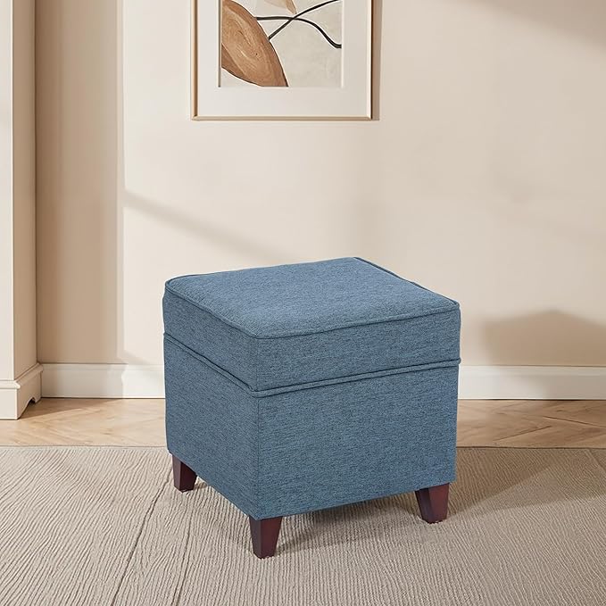 Adeco 17" Square Ottoman with Storage, Small Blue Storage Ottoman Foot Rest with Hinged Lid & Solid Wood Legs, Linen Fabric Foot Stool for Living Room & Bedroom-Ruum Studio Home