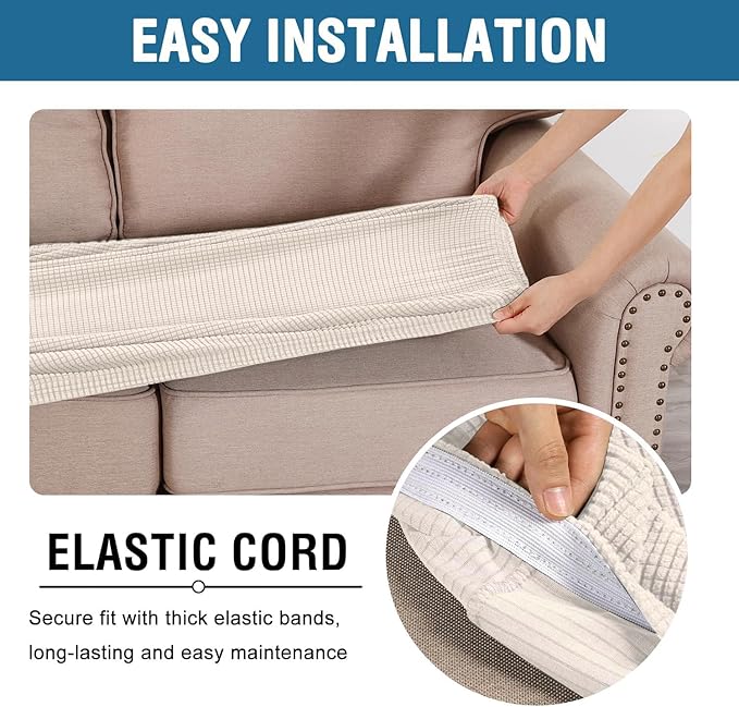 H.VERSAILTEX Super Stretch Individual Seat Cushion Covers Sofa Covers Couch Cushion Covers Slipcover Sets Thick Jacquard Textured Twill Fabric (2 Piece Medium Sofa Cushion Covers, Ivory)-Ruum Studio Home