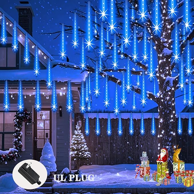 Christmas Lights Outdoor Meteor Shower Lights 24-Tube 576LEDs Snow Falling Rain Cascading Icicle Light for Xmas Tree Christmas Decorations Wedding Party Holiday Garden Decor, UL Plug Blue-Ruum Studio Home