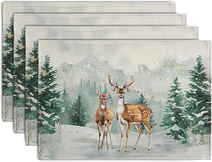 Christmas Watercolor Deer Trees Snowflakes Placemats Set of 4 Winter Rustic Nature Forest Linen Table Mat 12x18 Inch Seasonal Farmhouse Washable Place Mats for Dining Table Kitchen Xmas Decor-Ruum Studio Home