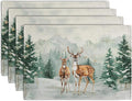 Christmas Watercolor Deer Trees Snowflakes Placemats Set of 4 Winter Rustic Nature Forest Linen Table Mat 12x18 Inch Seasonal Farmhouse Washable Place Mats for Dining Table Kitchen Xmas Decor-Ruum Studio Home