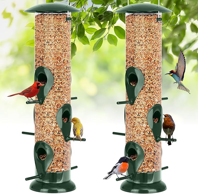 FEED GARDEN Metal Tube Bird Feeders for Outdoors Hanging, 6-Port Bird Feeder for Outside, Finch Feeders for Outside, Squirrel Proof Bird Feeders with Heavy Duty Metal Lid, Chew-Proof, 13 Inch Green-Ruum Studio Home