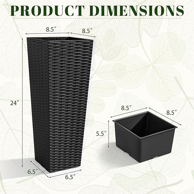 JUMMICO Set of 2 Resin Rattan Tall Planters for Outdoor Plants, Large Tapered Planters with Drainage Holes&Inner Trays, Flower Pots for Garden, Patio, Porch, Backyard (Black, 24'')-Ruum Studio Home