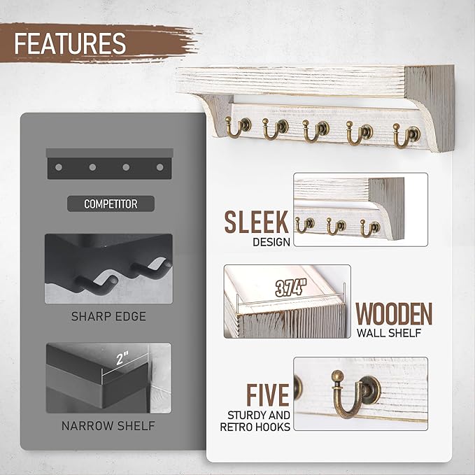 Rebee Vision Pine Wood Key Holder Wall Mount with Shelf for Farmhouse Decor - Rustic Wall Mail Organizer Wall Mounted for Living Room Decor - Perfect Mail Organizer for Home Improvement (Whitewash)-Ruum Studio Home