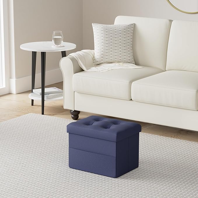 LINMAGCO Storage Ottoman Folding Foot Stool Foot Rest with Side Pocket Modern Ottoman with Storage Short Sofa Stool Linen Cloth 17x13x13(Navy)-Ruum Studio Home