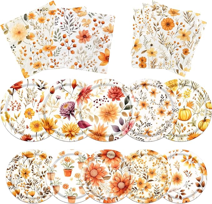 Fall Party Supplies - 60Pcs Autumn Thanksgiving Plates and Napkins Pumpkin Maple Leaf Table Decorations for Fall Birthday,Thanksgiving Party-Ruum Studio Home