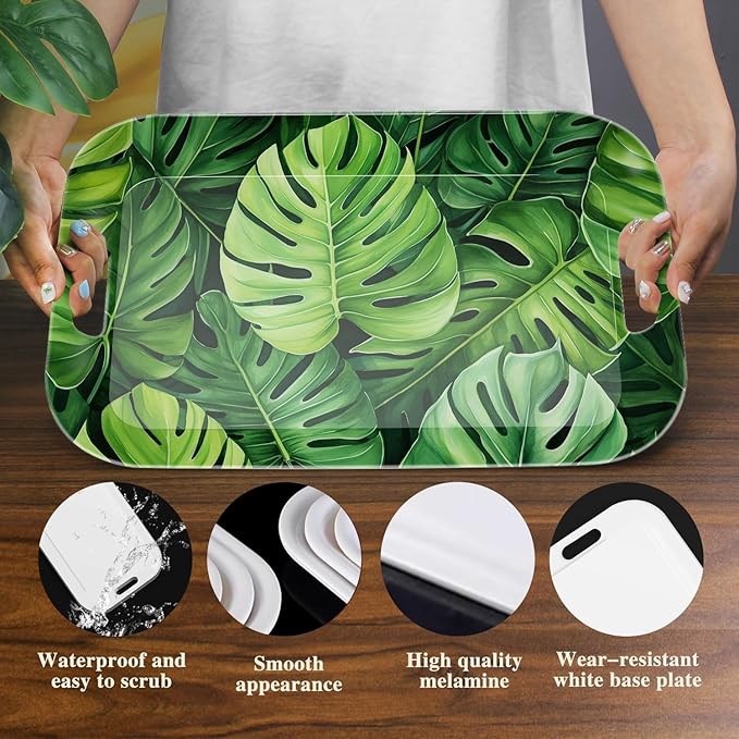 Serving Trays with Handles, 14.5 x 9.8 inch Rectangular Plastic Tray for Restaurant, Kitchen, Tropical Leaf Pattern Monstera in The Style-Ruum Studio Home