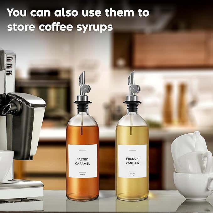 Olive Oil Dispenser Bottle - Includes 55 Kitchen Essential Labels - Cooking Oil Bottles for Kitchen, Coffee Syrup Dispenser - Pourer Spout with 16.9 fl oz Glass Container Cruet - 2pcs Silver-Ruum Studio Home