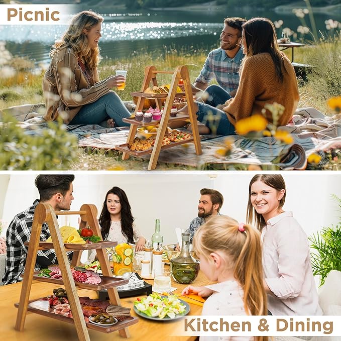 MAJURI 3 Tier Wooden Serving Tray, Set of 2 Tongs Free, Tiered Serving Trays & Platters for Party, Wedding, Picnic, Your Perfect Elevated Charcuterie Stand and for 3 Tiered Dessert Stand Lovers-Ruum Studio Home