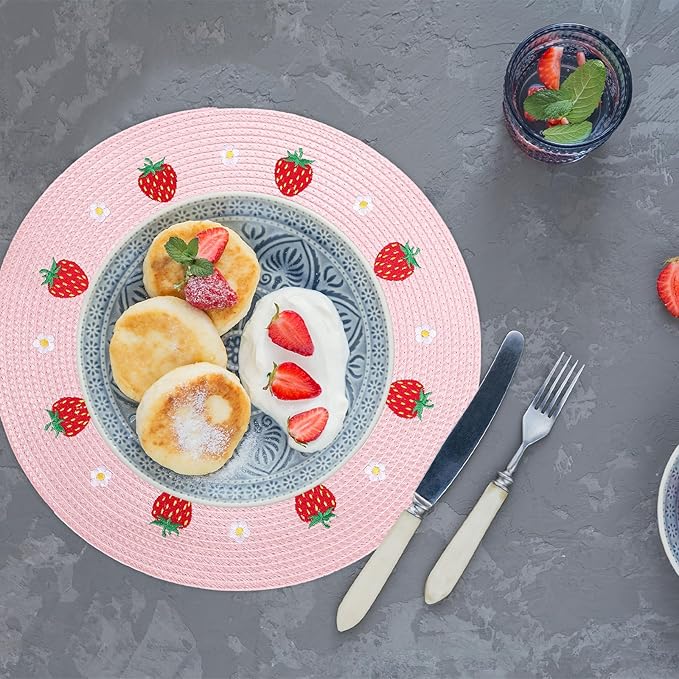 Whaline 4Pcs Round Placemats Daisy Strawberry Embroidered Place Mats Summer Strawberry Dinner Table Mats for Home Wedding Baby Shower Birthday Party Decor-Ruum Studio Home