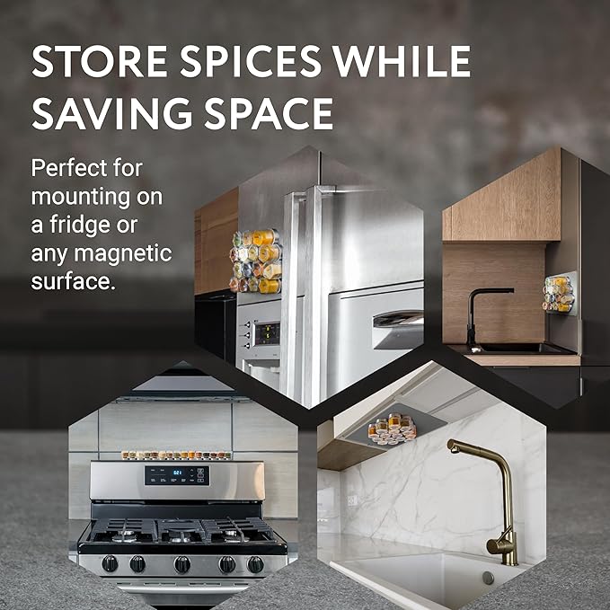 IMPRESA Hexagon Magnetic Spice Jars - 15 Pack 1.74 oz Glass Jars With Stainless Steel Lids - Airtight Magnetic Seasoning Containers & Space-Saving Honeycomb Fridge Magnets - 60 Preprinted Labels-Ruum Studio Home