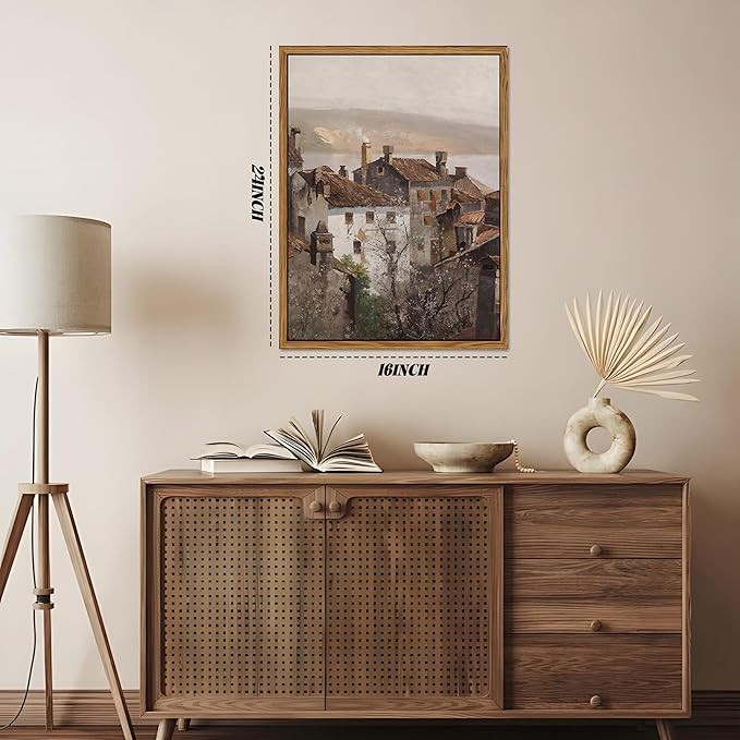 Floating Framed Vintage Canvas Wall Art, European Country Towns Wall Decor Oil Paintings Artwork, Rustic Farmhouse Posters Prints Pictures for Living Room Hallway Bedroom 16x24 inch-Ruum Studio Home