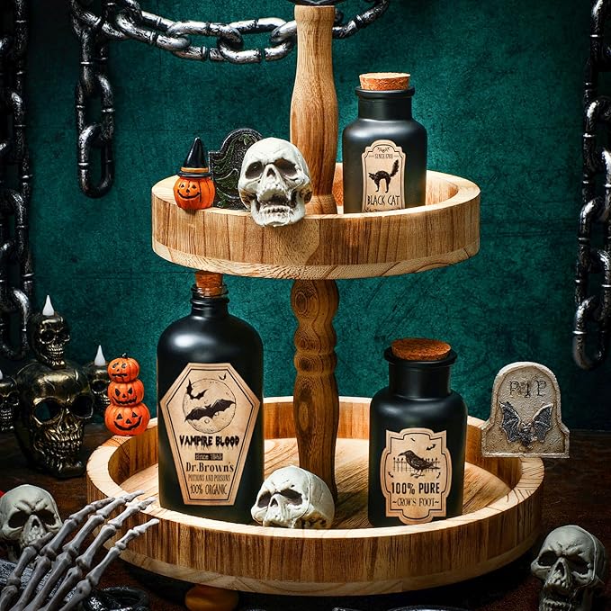 Umigy 3 Pcs Vintage Glass Potion Bottles with Cork Lid Black Halloween Tiered Tray Decoration 12 Apothecary Bottles Jars Stickers Labels Halloween Table Home Bathroom Decorations Indoor-Ruum Studio Home