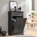 Modern Tilt-Out Trash Can Cabinet, 10 Gallon Fluted Laundry Hamper Cabinet with Drawers, Wooden Hidden Garbage Can Cabinets with Storage Basket, Free Standing for Kitchen and Living Room, Grey-Ruum Studio Home