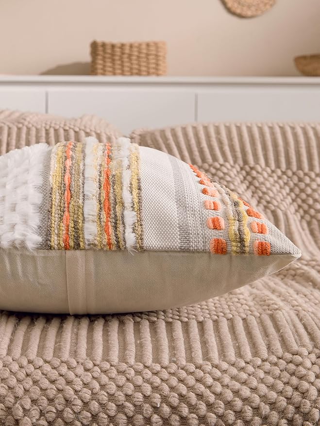 Fall Boho Chenille Tufted Throw Pillow Covers 18x18 Inch Set of 2 Farmhouse Striped Couch Decorative Pillow Covers Accent Neutral Pillowcase Yellow Orange Cushion Cover for Livingroom Sofa Bed-Ruum Studio Home