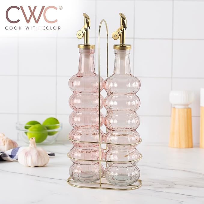 COOK WITH COLOR Glass Olive Oil Bottle Dispenser - 2 Pack- 17oz Oil and Vinegar Cruet - Olive Oil Carafe Decanter for Kitchen-Ruum Studio Home