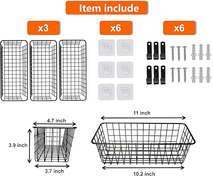 Joben Oligey 3 Set Hanging Wire Baskets ,Wall Mount Fruit Basket,No Drilling,Adhesive Small Metal Basket,Farmhouse Food Storage Mesh Bin Kitchen Pantry Laundry Bathroom Closet Garage RV ,Black-Ruum Studio Home